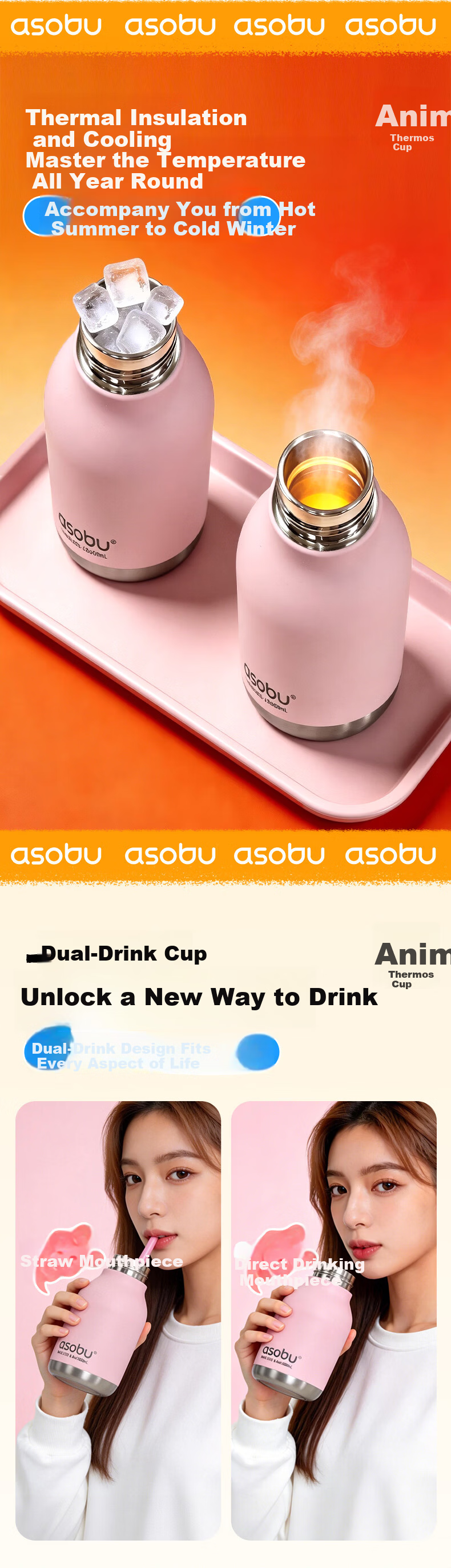 ASOBU Animal Insulated Bottle with Removable Straw Silicone Sleeve Cute Portable for Daily Use Students Kids Outdoor 1