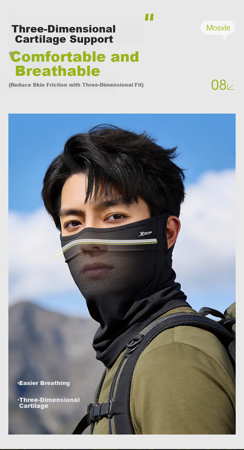 XTEP Sun Protection Face Mask Ear-Hook Cycling Neck Gaiter for Men, Full Face Windproof Dustproof UV Protection Mountaineering Gear 20
