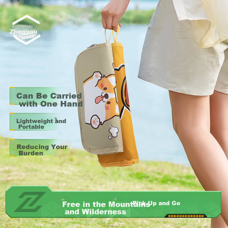 Grsaed Outdoor Folding Stool Portable Small Stool Storage Handbag Fishing Chair Pocket Folding Cartoon Dog Beige