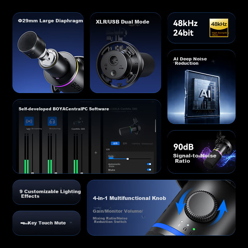 BOYA S60 Computer Microphone Desktop Mic Streaming Gaming Microphone KTV Dubbing Recording Noise-Cancelling Dynamic Microphone with Software Tuning