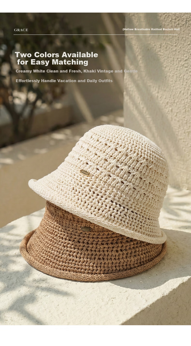 CACUSS Hollow Weave Sun Hat for Women Summer Outdoor Face-Slimming Retro Breathable Bucket Hat Khaki 6