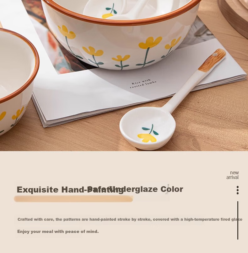 CERAMICS, Shanjuhua 9.5-Inch Double-Handled Soup Bowl, Home Use, High Aesthetic Value, Fresh Ceramic Large Bowl, Heat-Resistant Noodle Bowl with Spoo 5