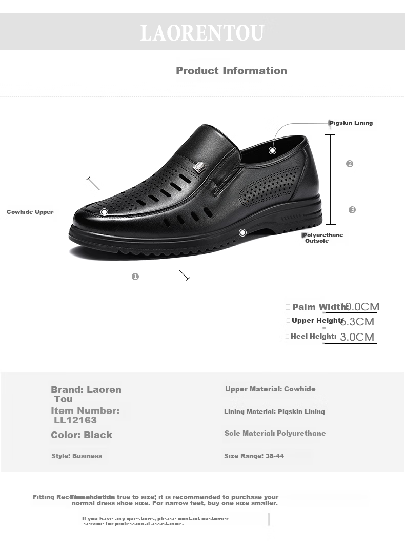 LAORENTOU Men's Business Casual Leather Slip-On Shoes Layered Cowhide Non-Slip Breathable Hollow Shoes LL12163 Black Size 38 5