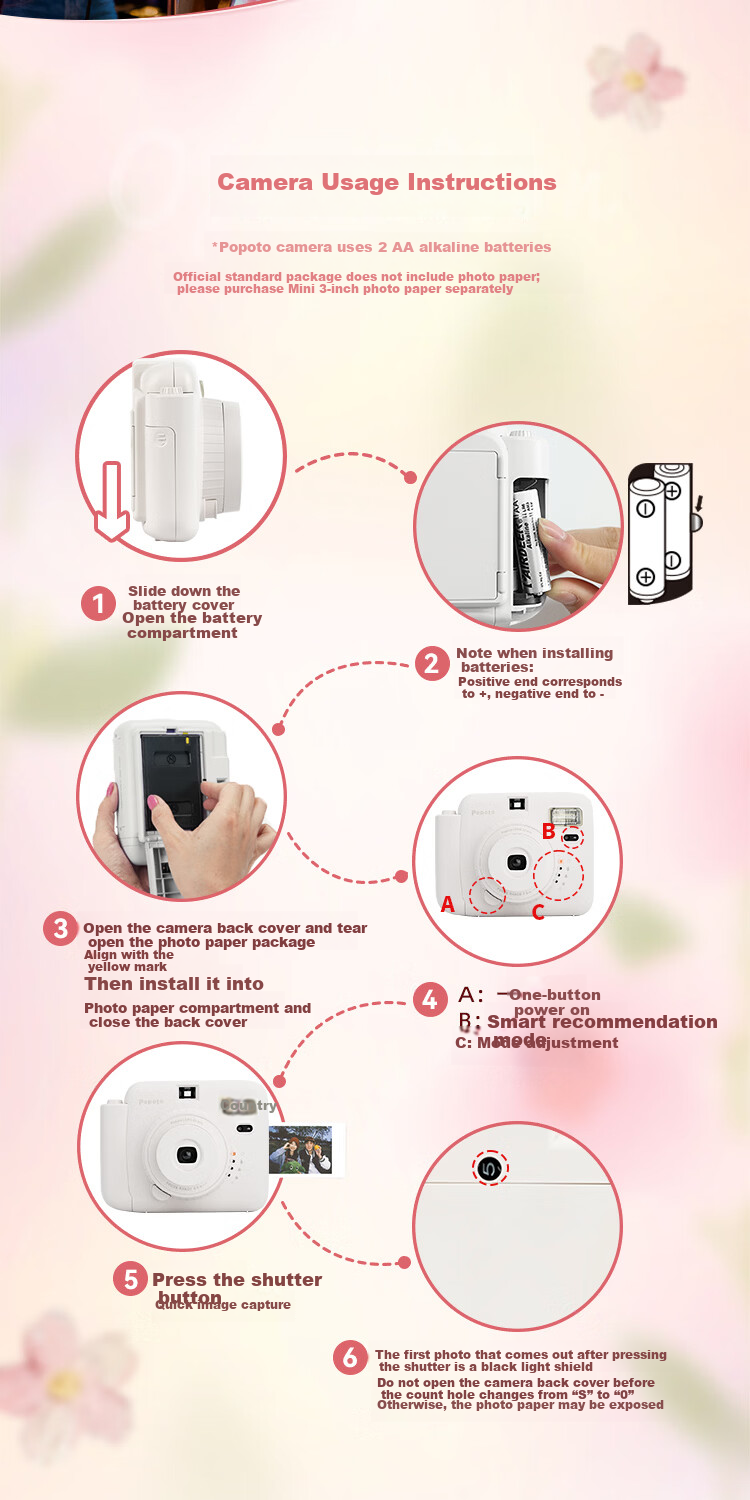 POPOTO Instant Camera Student Selfie Travel Portable One-Time Imaging Camera Gift Box with 10 Photo Papers Rose Blossom Edition 8