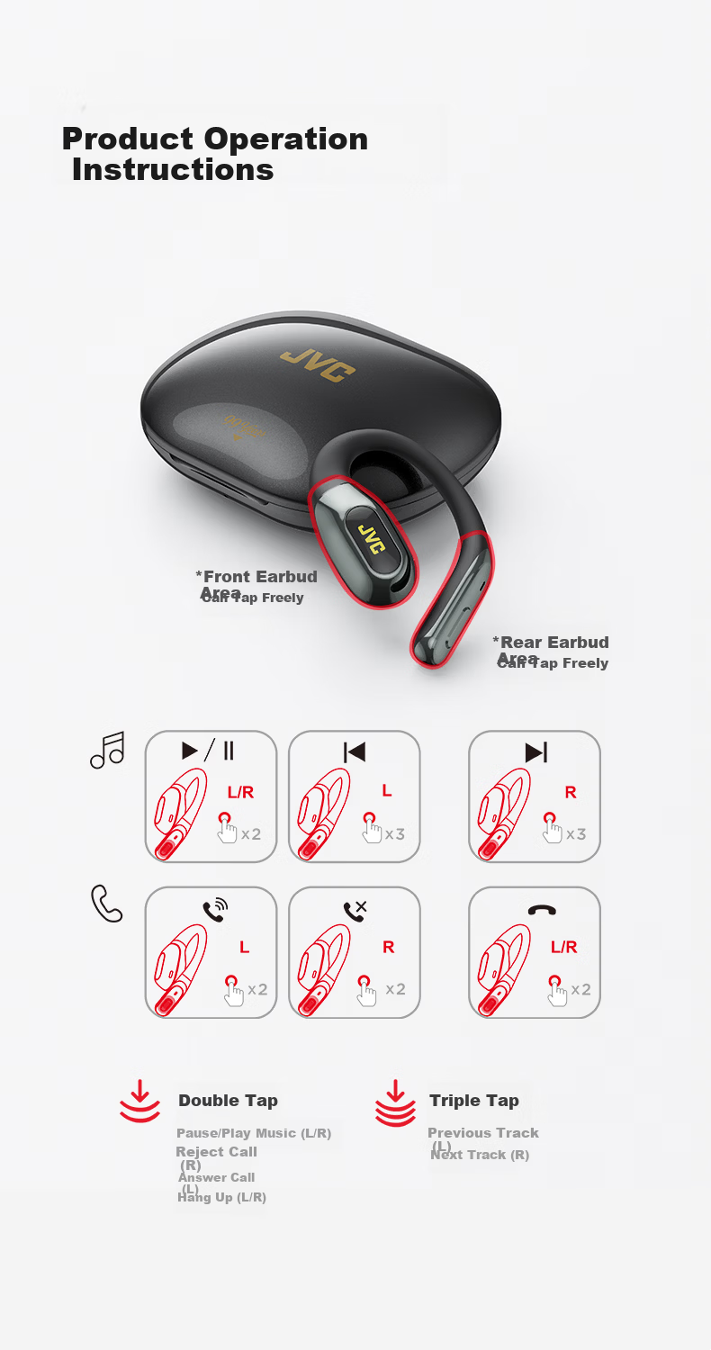 JVC 99th Anniversary Edition HJ-ME20A Tap Control Ear-Hook Bluetooth Earphones Wireless Open Sport Running Call Noise Cancelling Long Battery Life Moonlight White 11