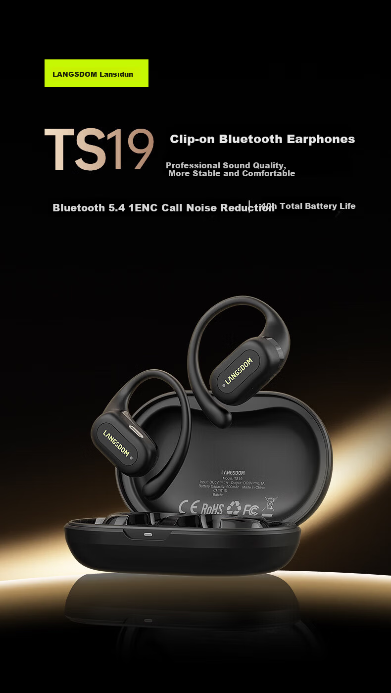 Langston TS19 Bluetooth Bone Conduction Open-Ear Earhook Headphones Matte Black 1
