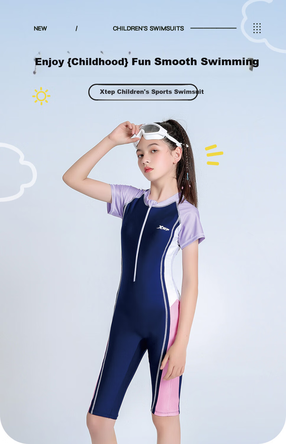 Xtep Kids Girls One-Piece Swimsuit Middle and High School Conservative Youth Fashion Comfortable Sports Training Swimwear 1