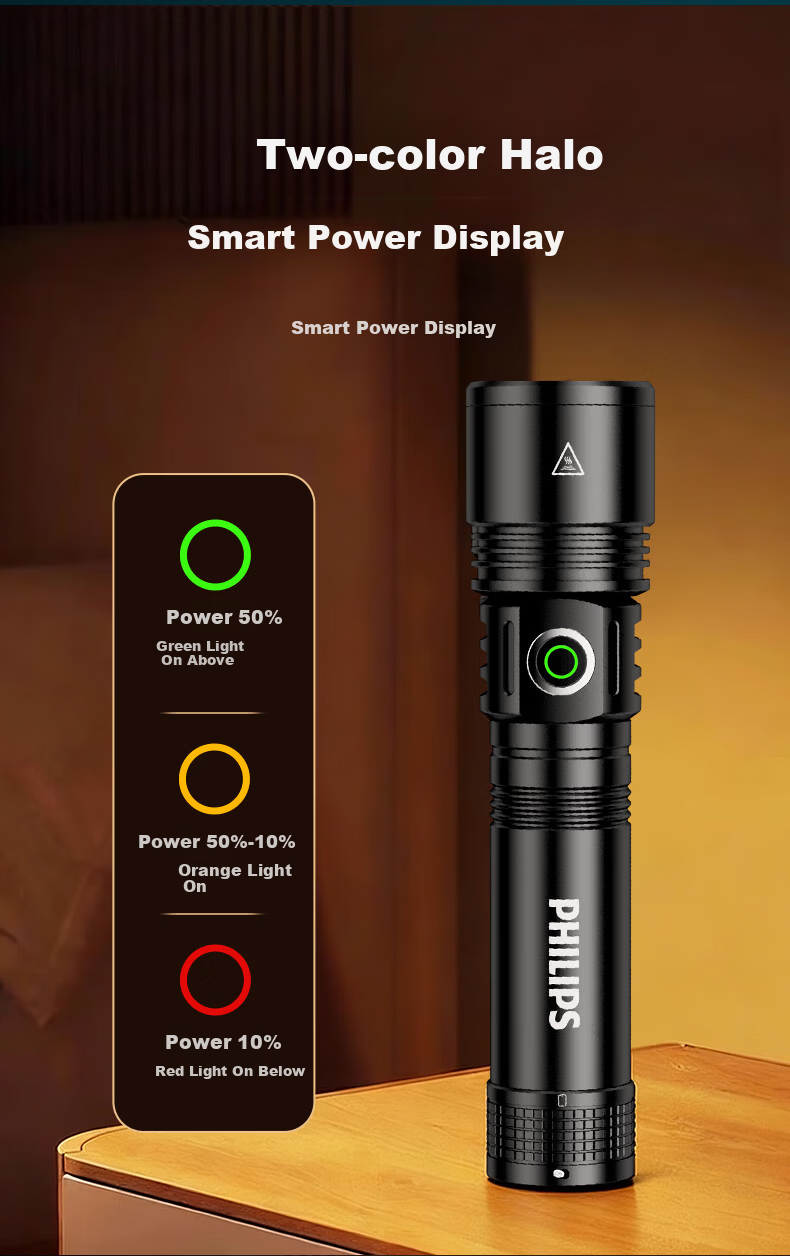 PHILIPS Portable High-Power Flashlight Military-Grade Long Battery Life 200000 Lumens Home Emergency Rechargeable Patrol Outdoor 3151 9