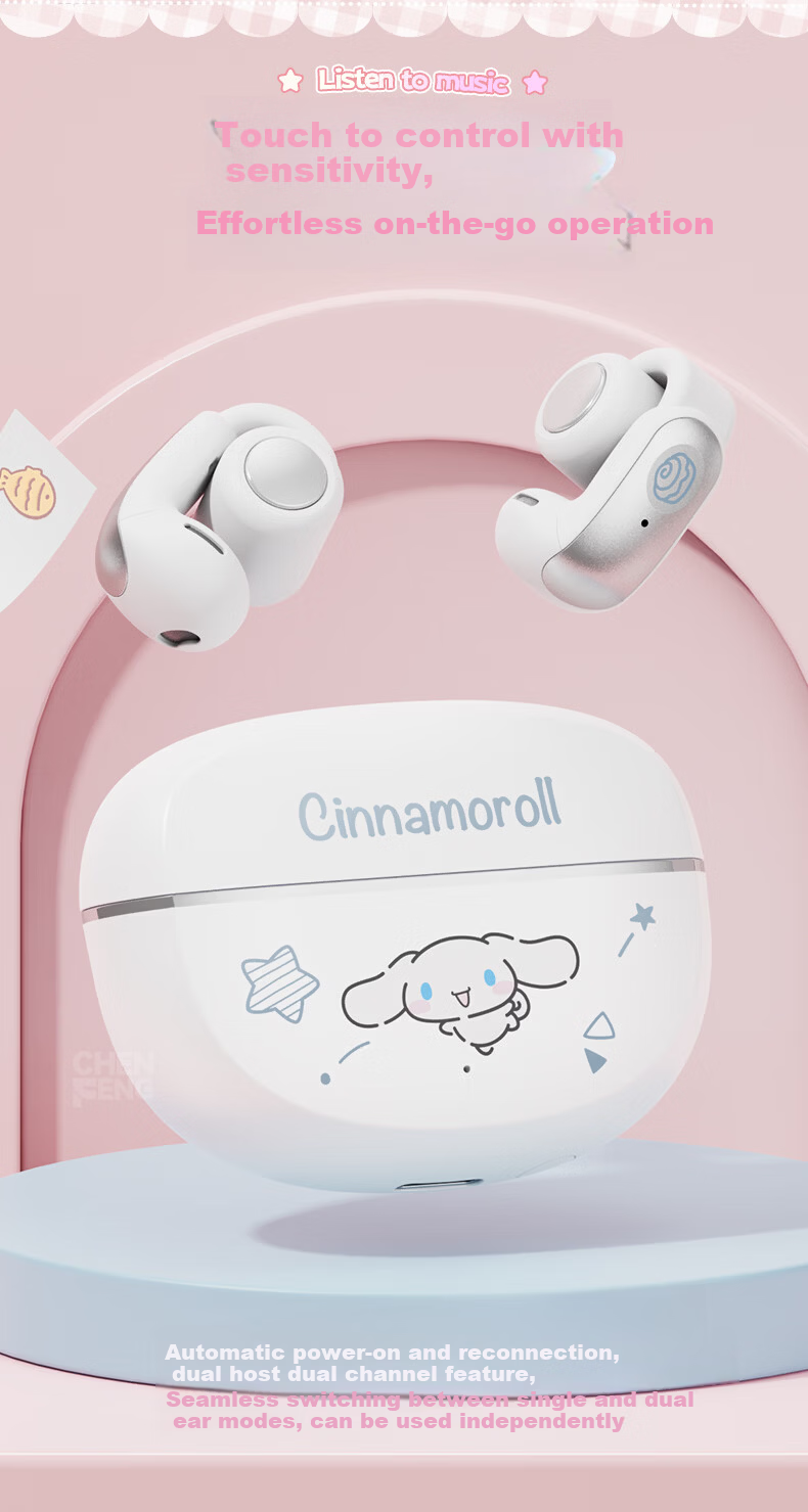 Chenfeng Sanrio Open-Ear Clip-On Bone Conduction Bluetooth Wireless Sports Running Earphones Ear-Hook Comfortable for Women Long Wear No Pain Student Birthday Gift SR31 5