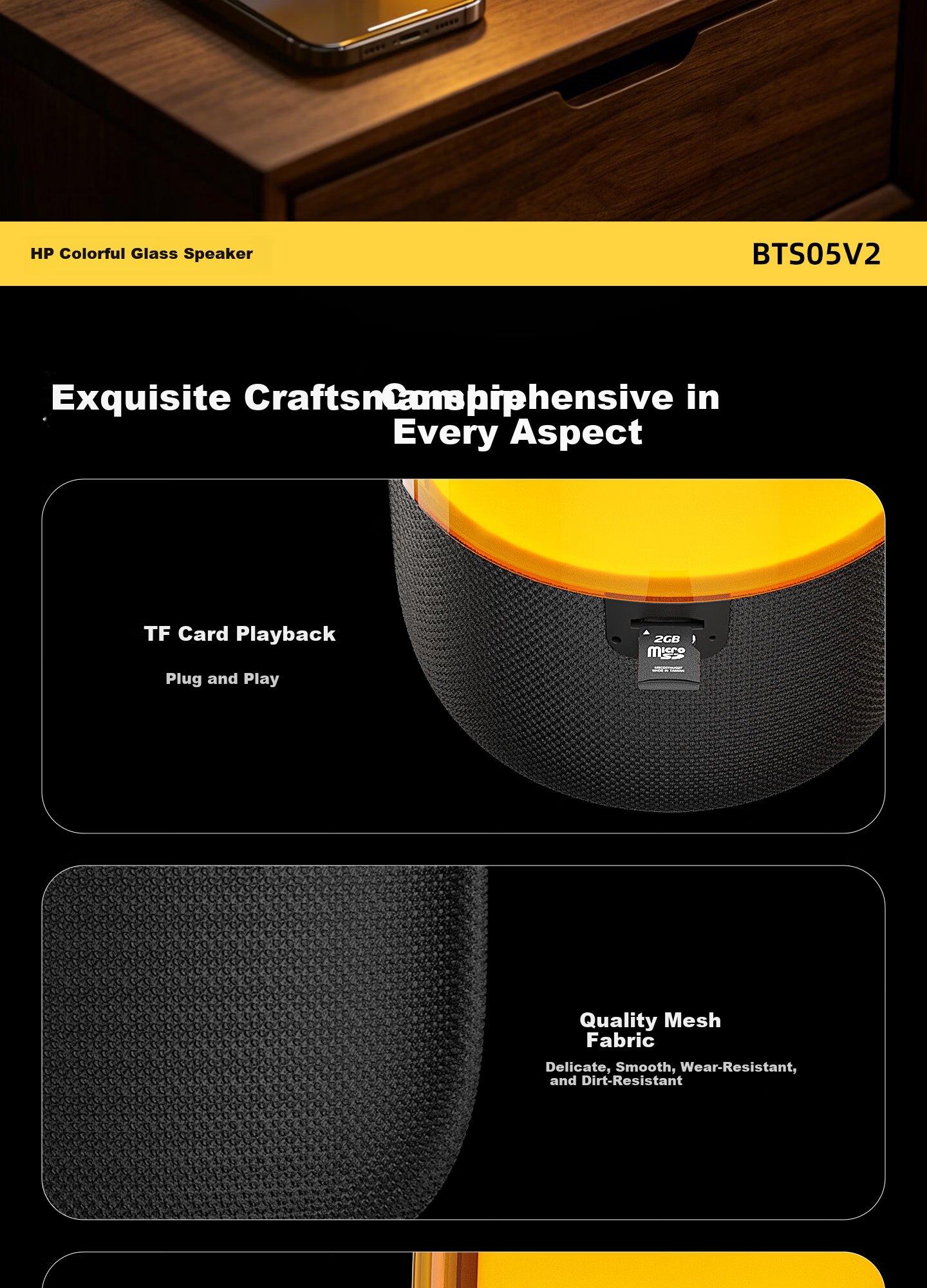 HP Bluetooth Speaker Glass Colorful Rhythm Mini Bass Portable Small Speaker for Computer and Mobile Phone Gray 12