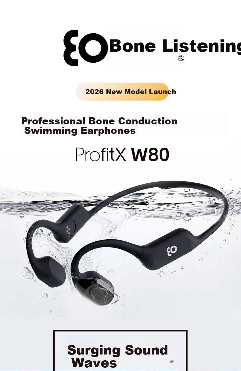 Guling New W80 Professional Bone Conduction Swimming EO Earphones Ear-Hook Sports Running Open Wireless Bluetooth In-Ear Waterproof Compatible with Apple Huawei Feisha Black 4