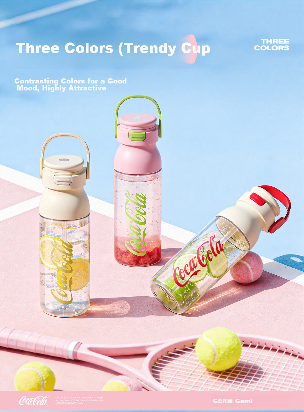 Germ Coca-Cola Summer Plastic Cup with Straw High Temperature Resistant Large Capacity Sports Water Bottle 730ML Snow White 2
