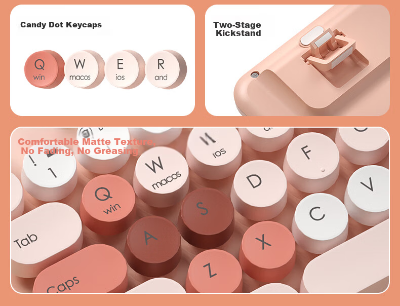 B.O.W Hangshi V96 Wireless Bluetooth Dual-Mode Keyboard Quiet High-Value Ergonomic Design Unisex Office Home Tablet Laptop Mobile Universal Spring River Pink 4