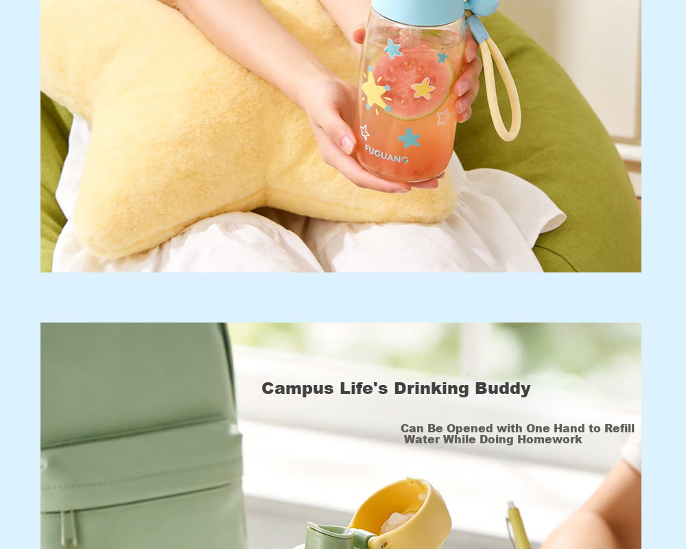 FUGUANG Plastic Tritan Water Bottle for Kids Students Women Portable Summer High-Temperature Resistant Sports Pink Green 520ML 22