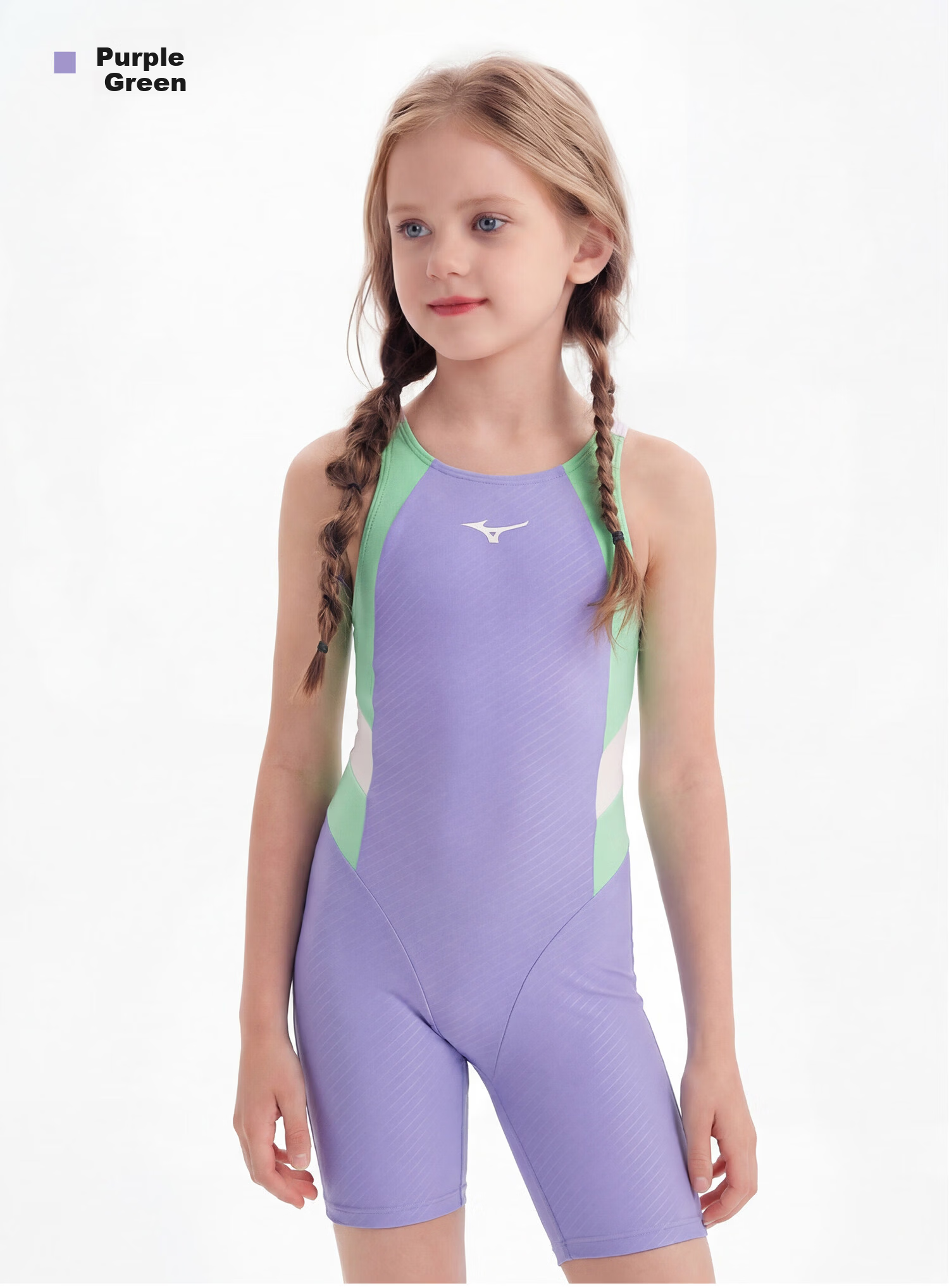 MIZUNO Kids Girls One-Piece Knee-Length Swimsuit Professional Training Quick-Dry Swimwear AC405 Purple Green Size 130 3