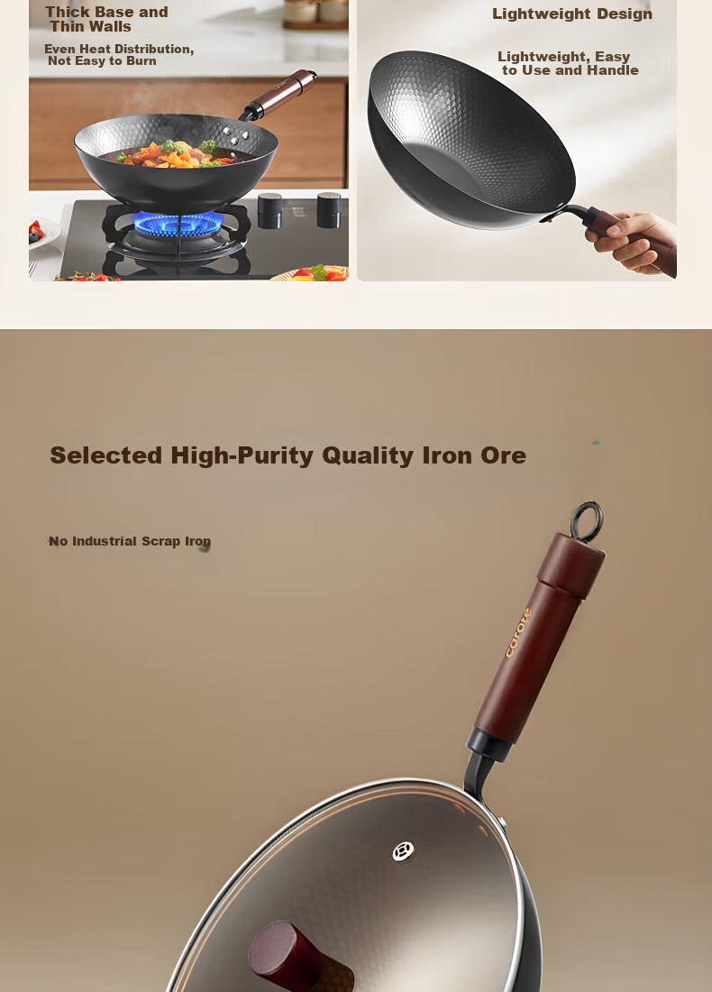 Carote 32cm Titanium-Free Coating Iron Wok Non-Stick Stir Fry Pan for Home Use Compatible with Gas and Induction Cooktops 4