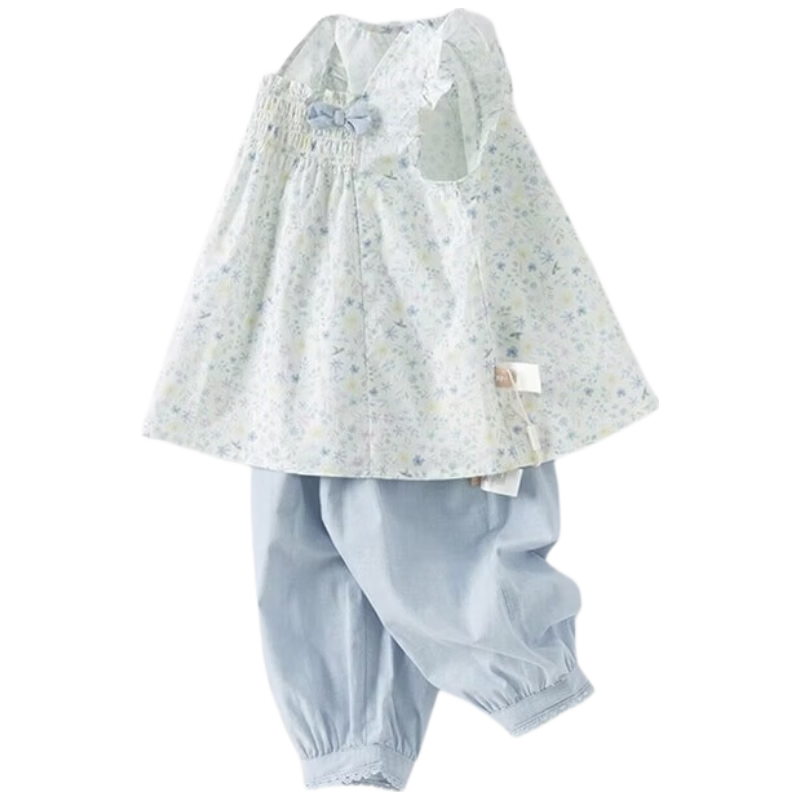 DAVE & BELLA Girls' Cropped Pants Set, Summer Wear for Toddlers And Young Girls, Sweet Floral Two-Piece Cotton Thin Outfit