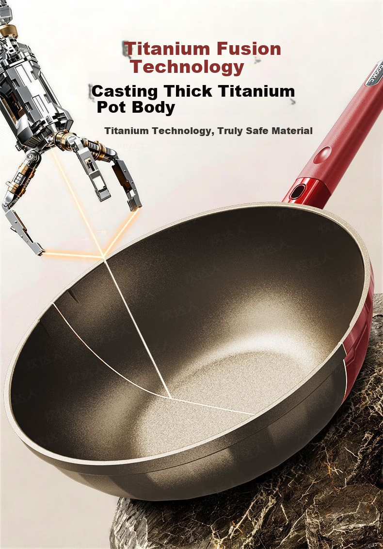 CHUI DA REN Wear-Resistant King Titanium Non-Stick Frying Pan Household Oil-Gathering Flat Bottom Gas and Induction Cooker 0 Fluorine Coating Stir-Fry Pan 6