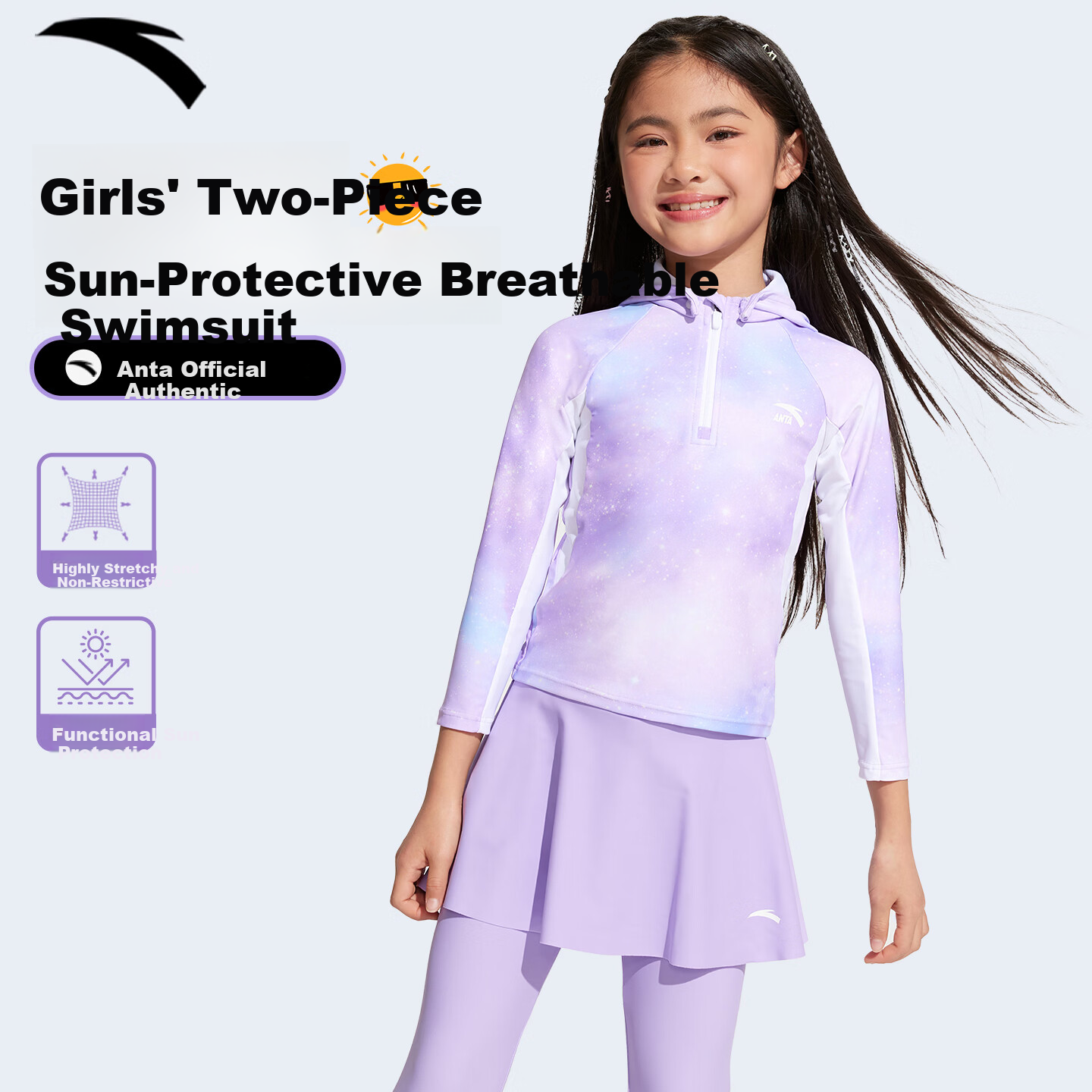 ANTA Children's Swimsuit, Girls' Two-Piece Set, Long-Sleeve Sun Protection with Hood, Surfing Suit, Quick-Drying Training Swimwear for Hot Springs, Size 130