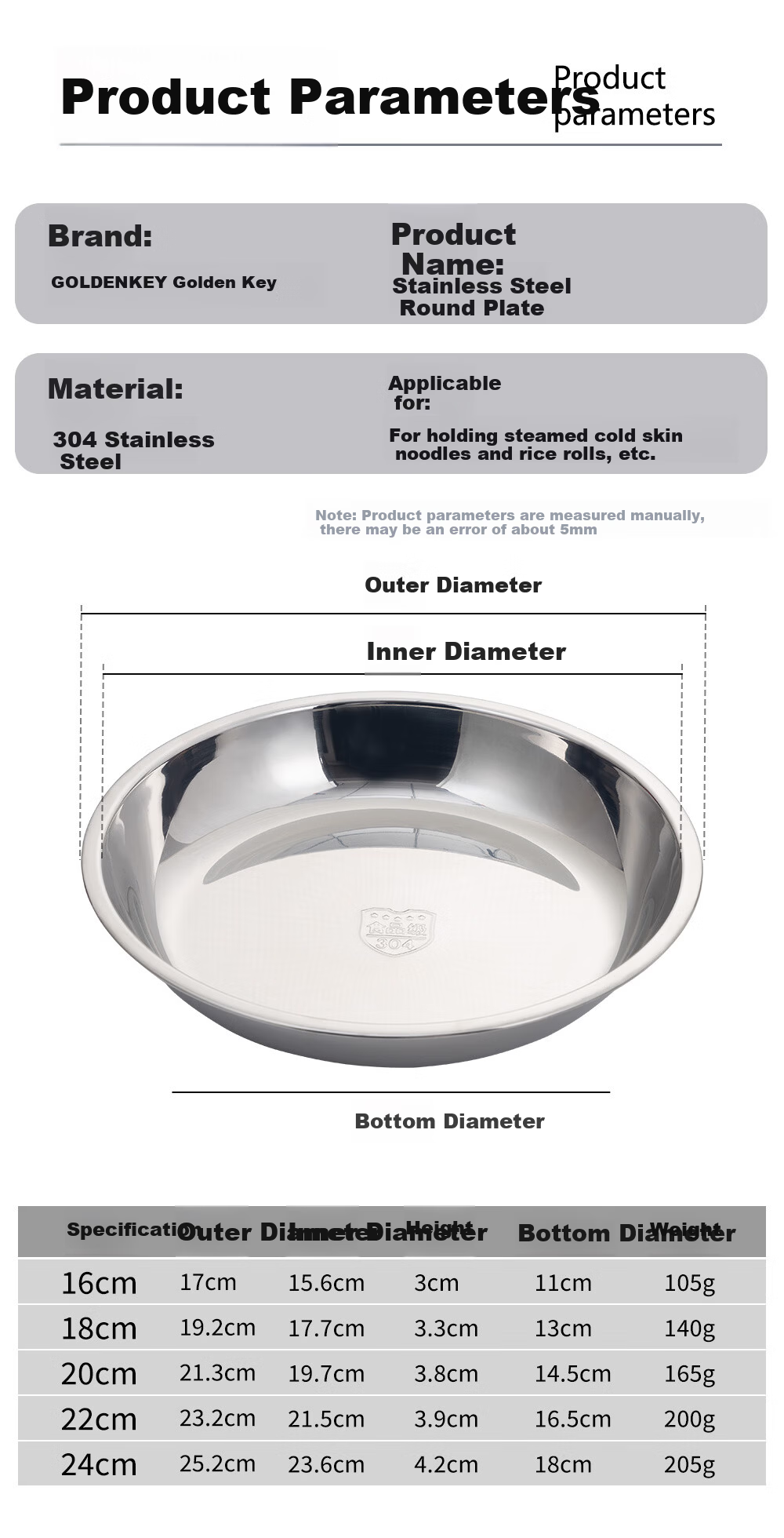 Golden Key 304 Stainless Steel Thickened Shallow Round Tray Commercial Kitchen Prep Bowl 22cm Vegetable Washing Household Food Prep Basin GK-Z22B2 5