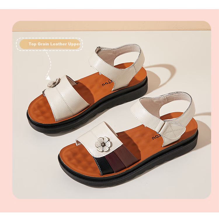 LAORENTOU Women's Genuine Leather Flat Sandals, Beach Non-Slip Soft Sole Middle-Aged and Elderly Sandals LK13182 - Black Size 35 1