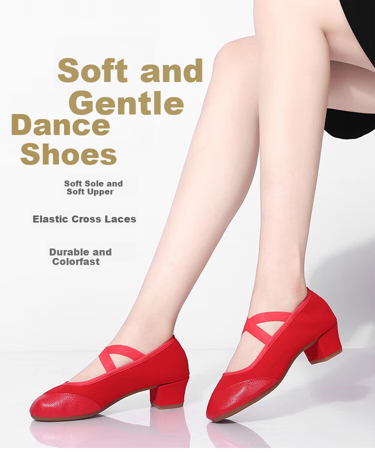 Teslita Red Dance Shoes Women Soft Sole Middle-Aged and Elderly Adult Mid-Heel Square Dance Canvas Shoes Black 1