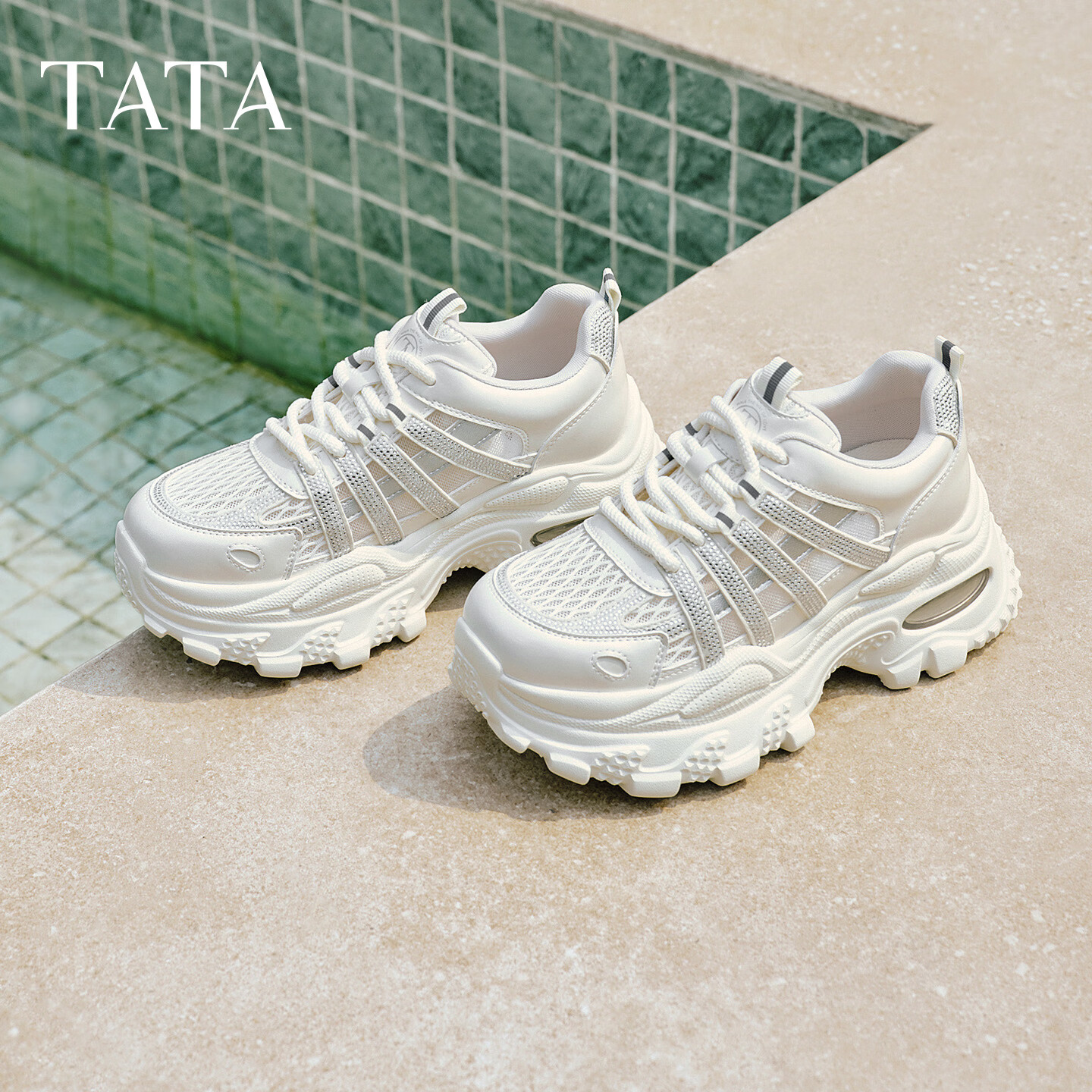 TATA Women's Summer Mesh Casual Sports Shoes Breathable Thick Sole Dad Sneakers Silver Gray Size 36