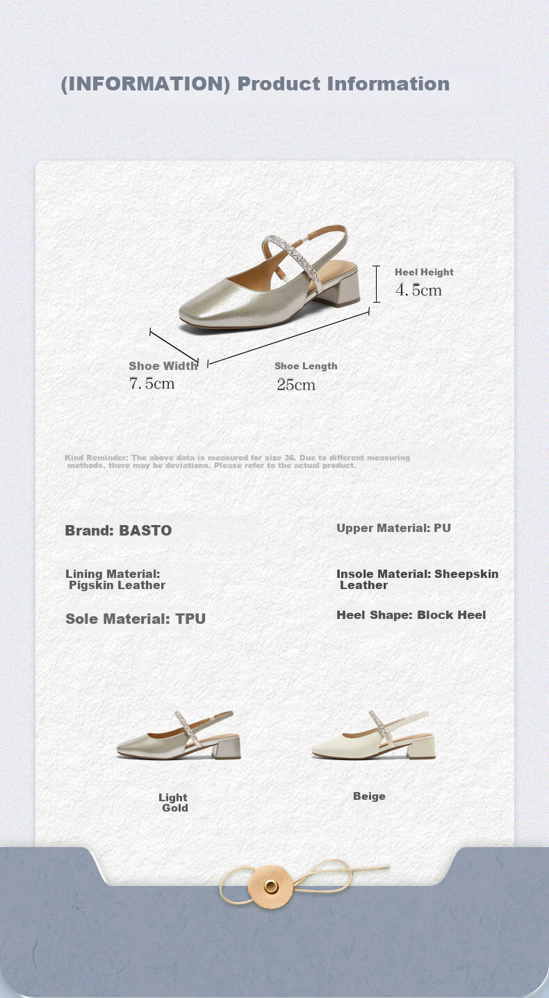 BASTO 26 Summer Open Back Sandals Fashion Trendy Commuter Women's Shoes F5085BH6 Light Gold Size 39 5