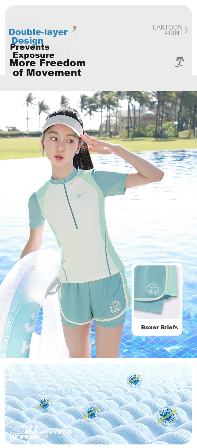 Warrior Children's Swimsuit Girls' Split Sunscreen Swimwear Training Set 36303H2K Green Size 135 6