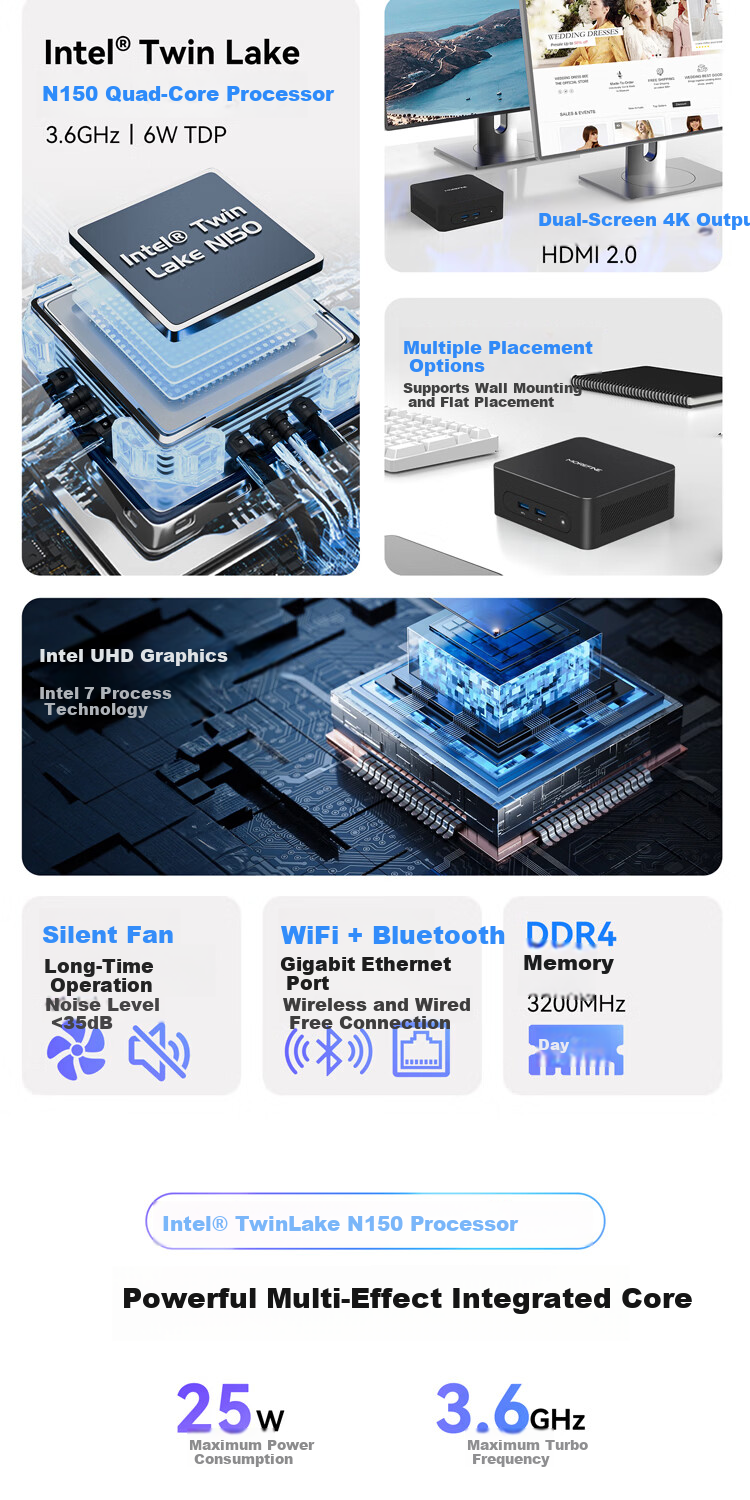 Mofang MOREFINE M8 Mini PC, DDR4 Memory, Single Network Port, Supports OpenCLAW N150 Processor/8GB RAM/512GB SSD 2