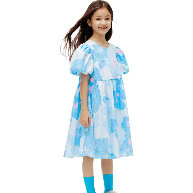 Annil Girls' Short-Sleeve Dress, Summer Cotton Elastic Sweet A-Line Dress with Floral Print