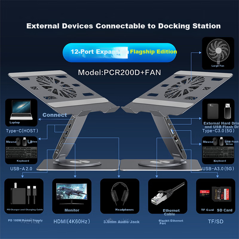 Hanzichen Laptop Stand with 8-Port Type-C Docking Station, Type-C 3.0 USB 3.0 Data Transfer, Foldable Adjustable Vertical Laptop Stand with Cooling Fan 3