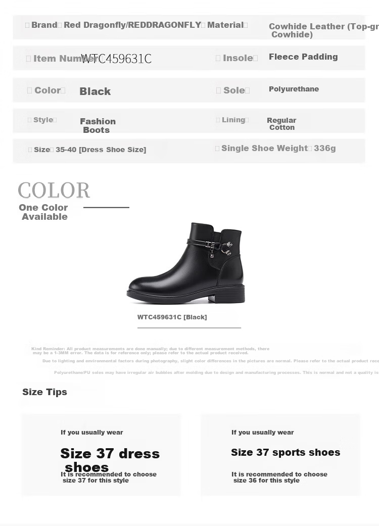 Red Dragonfly Women's Fashion Boots Fleece Lined Warm Lightweight Commuter Short Boots Soft Sole Soft Leather Comfortable WTC459631C Black Size 35 8
