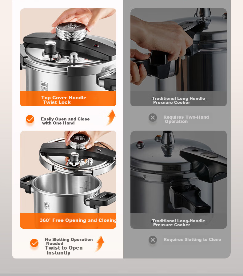 Alluflon Pressure Cooker Explosion-Proof High-Pressure Pot 304 Stainless Steel Single-Hand Open Induction Cooker Compatible 6L Household for 3-4 People 6
