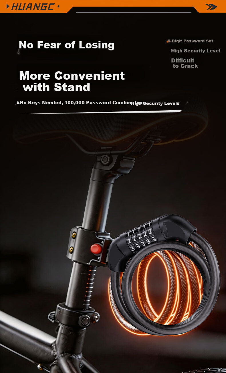 Huangchi Bicycle Lock 5-Digit Combination Chain Lock for Electric Scooter, Glass Door, Road Bike, Mountain Bike Circular Lock 10