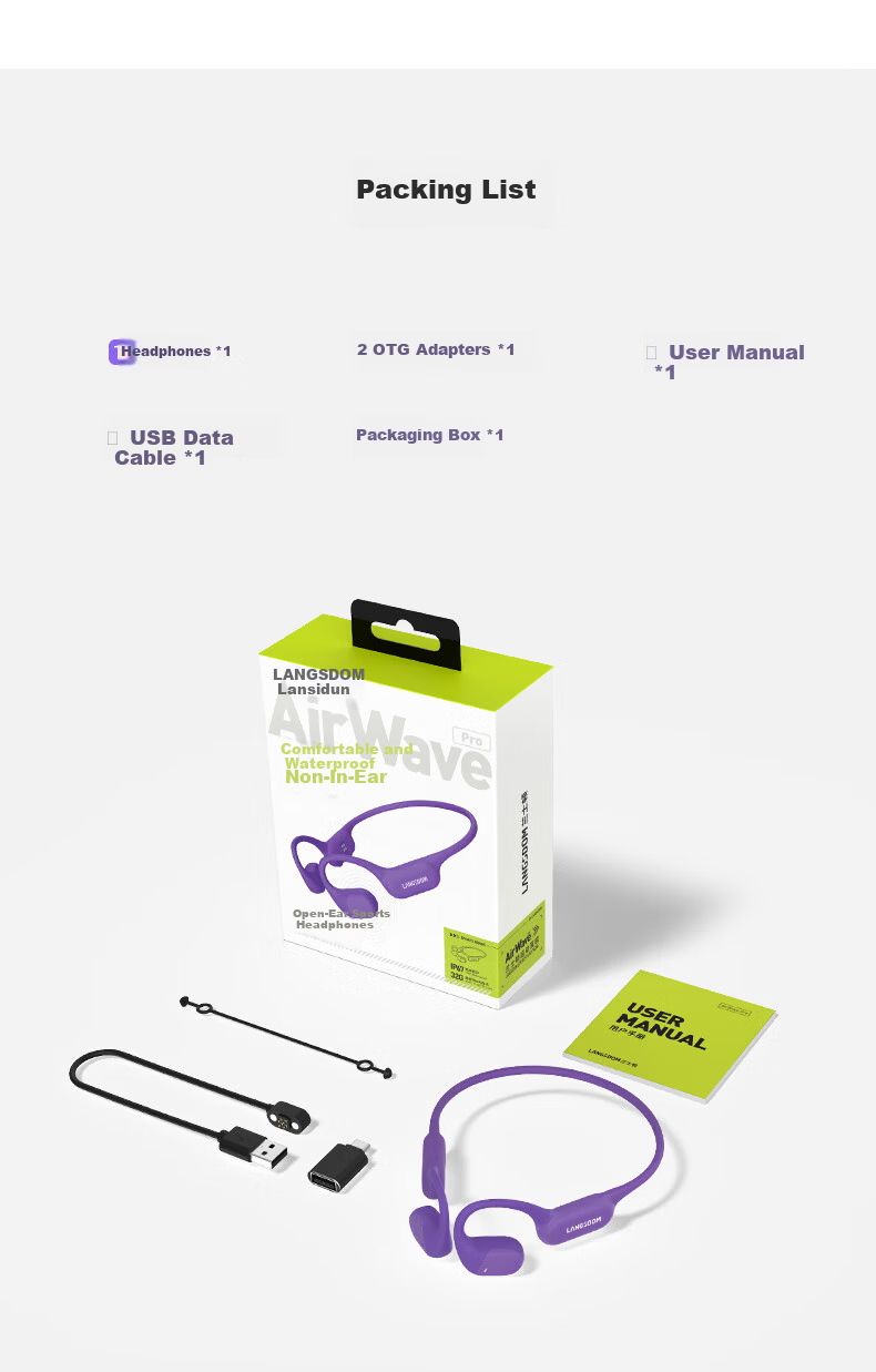 Langston AirWave Pro Open Bluetooth Wireless Bone Conduction Sports Earphones Running Cycling Non-In-Ear Compatible with Apple Dunhuang Purple 10