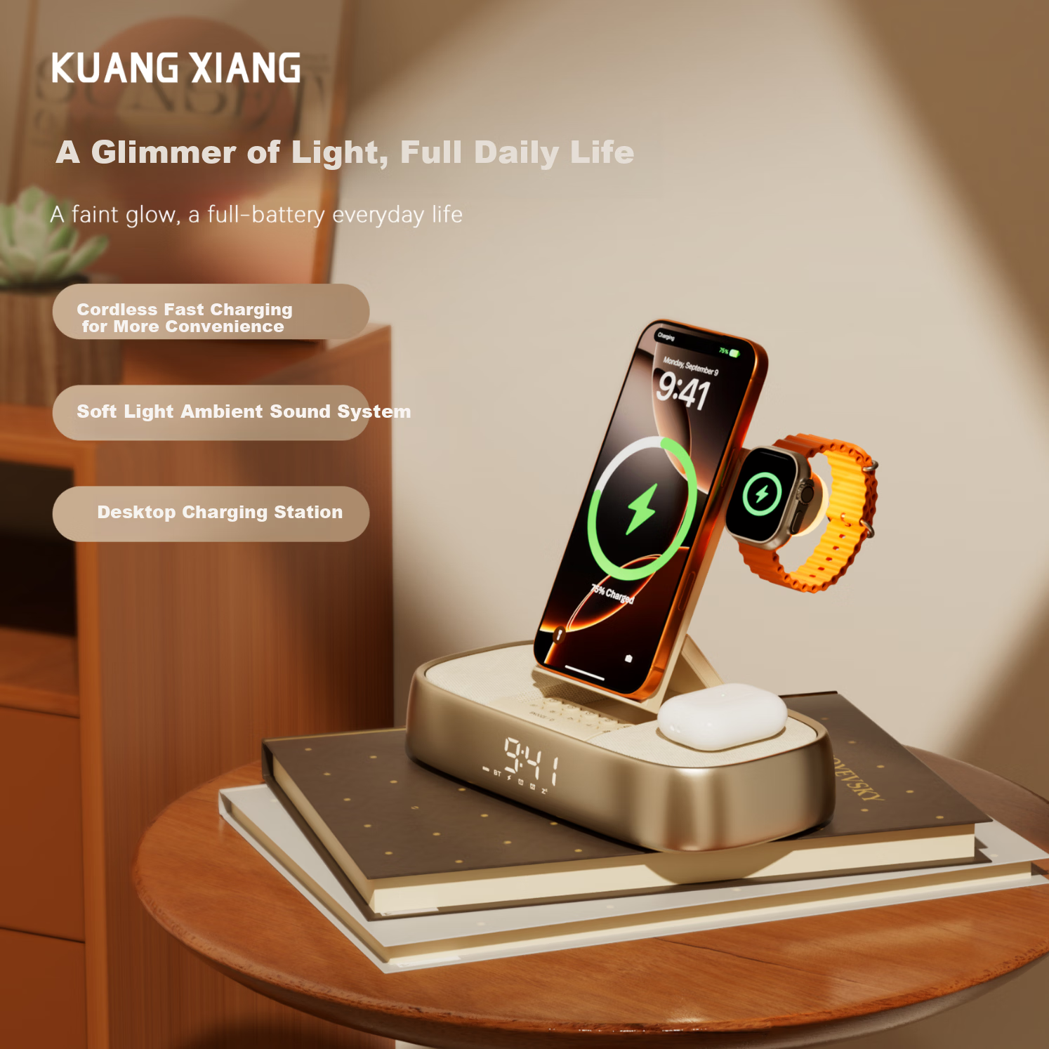 KuangXiang Bluetooth Speaker Multifunctional Wireless Charger Stand Clock Ambient Night Light Speaker for Phone and Earphones Birthday Gift for Friends Men and Women