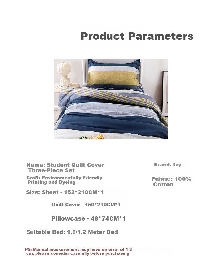 AVIVI Class A Dormitory Three-Piece Set Pure Cotton, 100% Cotton Single Bedding Cover, Bed Sheet, Duvet Cover, 150*200cm, Badel 8