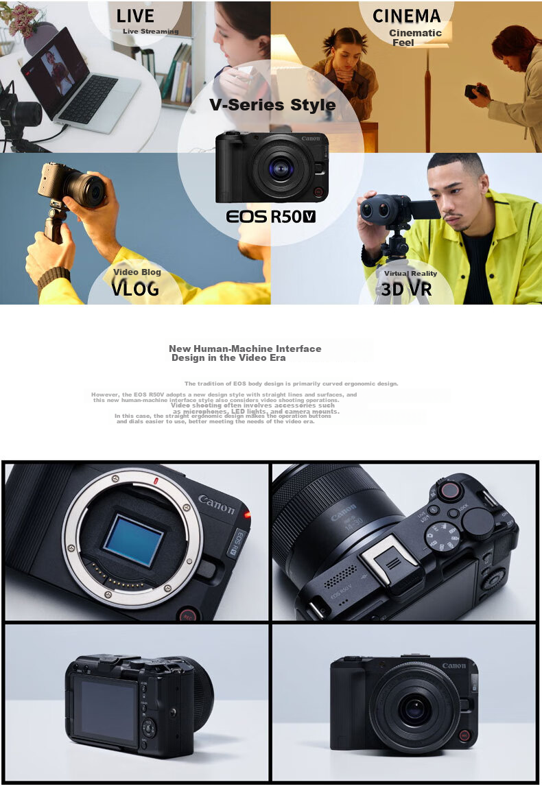 Canon R50V Mirrorless Video Camera 4K Ultra HD Live Streaming High-Quality Video Camera Student Home Travel Vlog Lightweight Kit 4