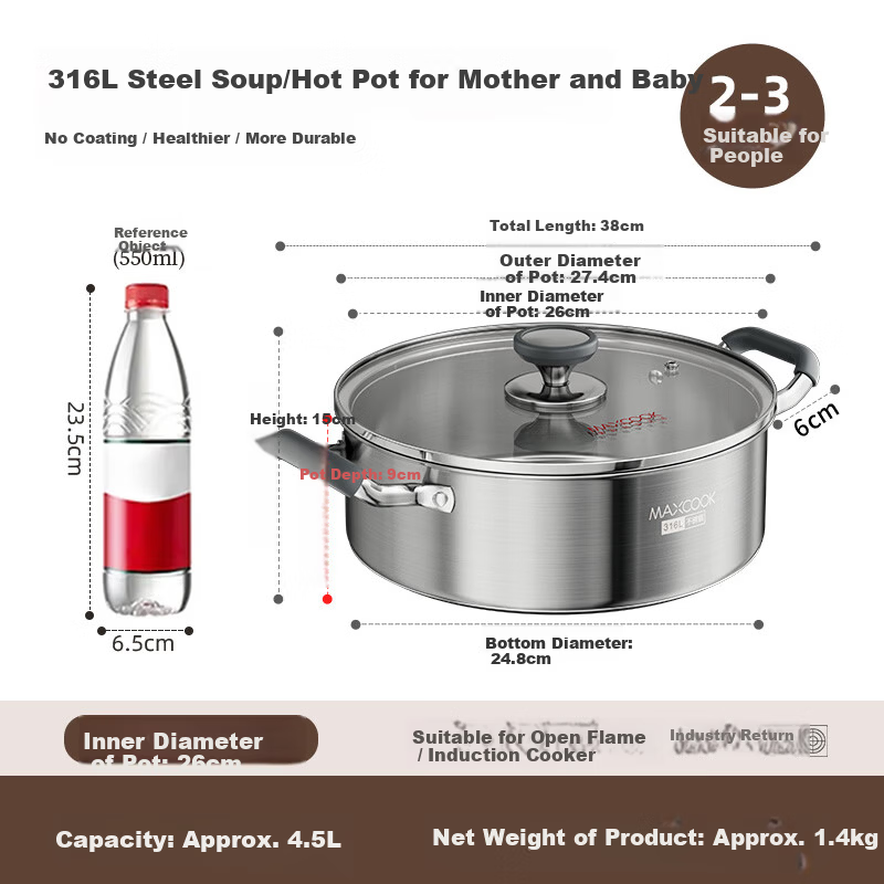 MAXCOOK 26cm 316L Stainless Steel Hot Pot Soup Pot with Lid, Compatible with Gas and Induction Cookers MCT7528