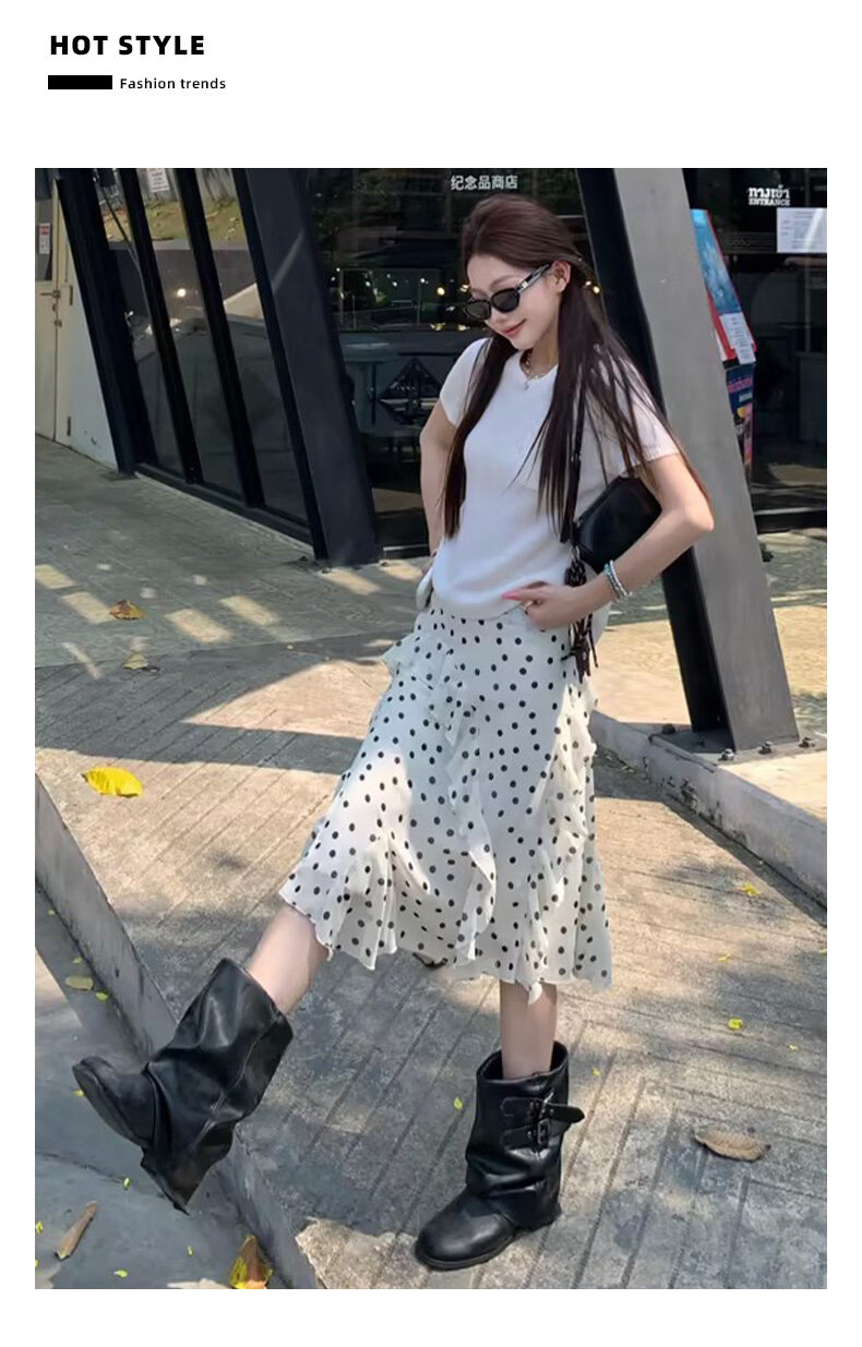 Langsha Polka Dot Women's Skirt 2026 New Ruffle Hem High Waist Slim A-Line White Irregular Skirt 19