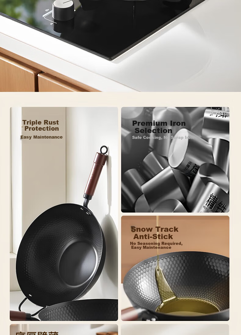 Carote 32cm Titanium-Free Coating Iron Wok Non-Stick Stir Fry Pan for Home Use Compatible with Gas and Induction Cooktops 3