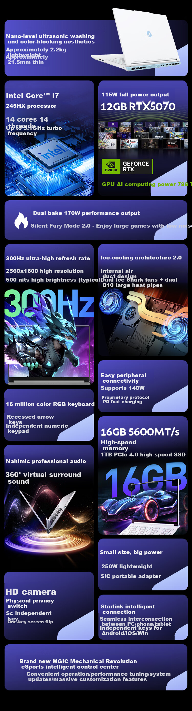 MECHREVO Aurora X Trend Edition Gaming Laptop (Intel Core C7-245HX, 16GB RAM, 1TB SSD, RTX 5070, 2.5K Display, 300Hz, White) 2