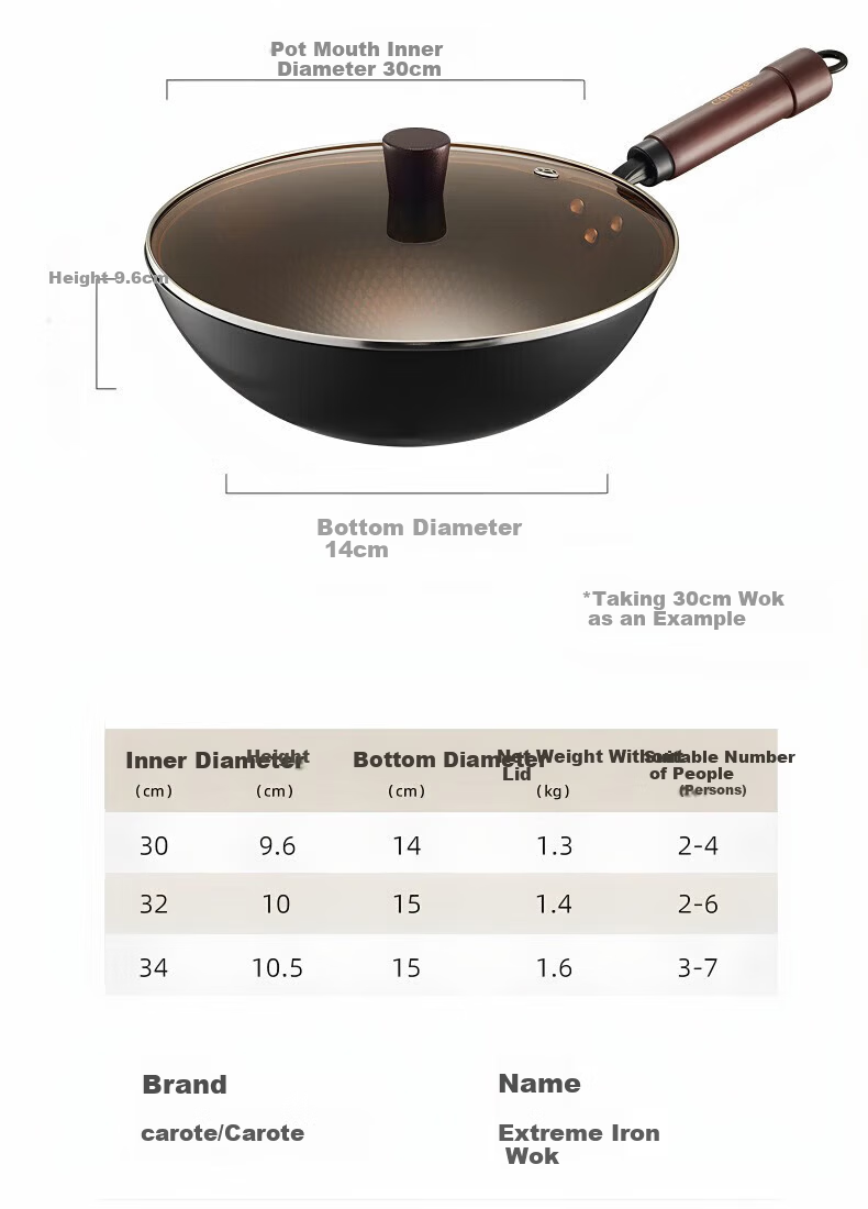 Carote 32cm Titanium-Free Coating Iron Wok Non-Stick Stir Fry Pan for Home Use Compatible with Gas and Induction Cooktops 17
