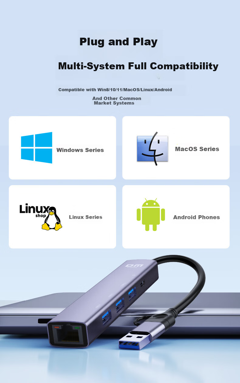 DM Daimai Type-C to USB 2.0 Hub, Four-In Expansion Dock, Ethernet Port Converter, Laptop External Wired Network Adapter, CHB002 5