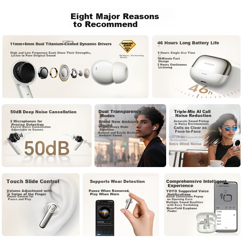 HONOR Earbuds4 Bluetooth Wireless In-Ear Earphones Active Noise Cancelling Running Sports Gaming Music Headphones Long Battery Life New Black Gift
