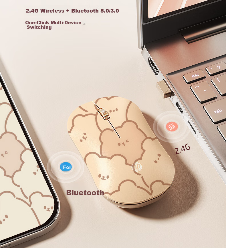 HP Wireless Bluetooth Mouse Cute Bear Design Silent Dual-Mode Laptop Office Mouse Compatible with iPad Tablet Apple Type-C Charging Portable 8