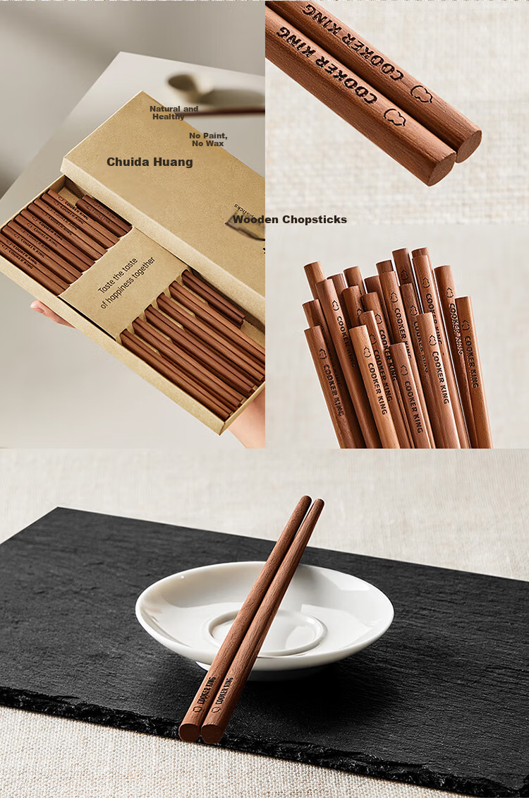 COOKER KING Chicken Wing Wood Chopsticks, Unvarnished And Unwaxed High-Quality Wooden Chopsticks, 5 Pairs Family Set, Fast Solid Wood Round Chopsticks 4