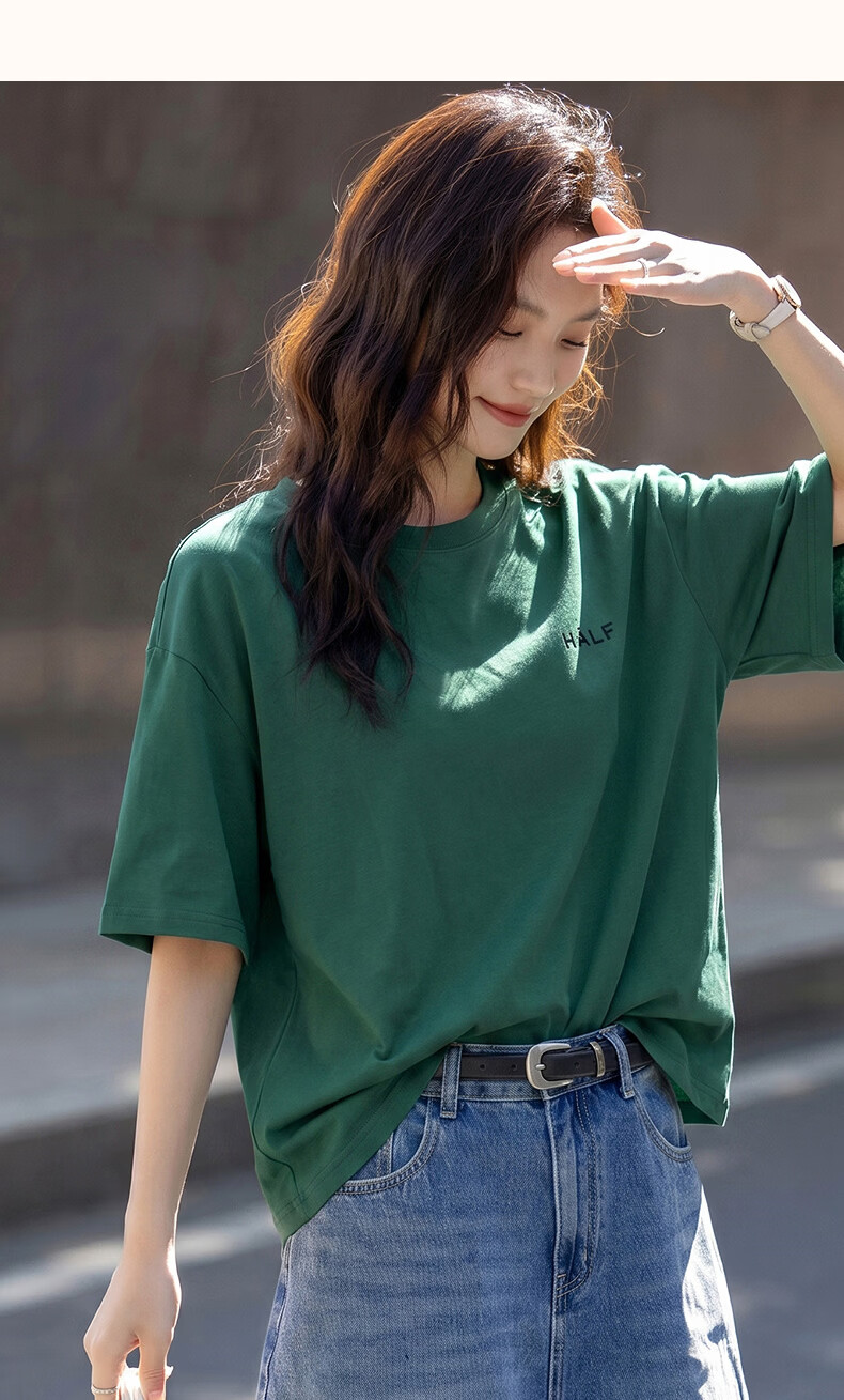Demana [Comfort 180G Pure Cotton] Summer Simple Style Letter Print Loose Fit Women's 5-Sleeve T-Shirt 44