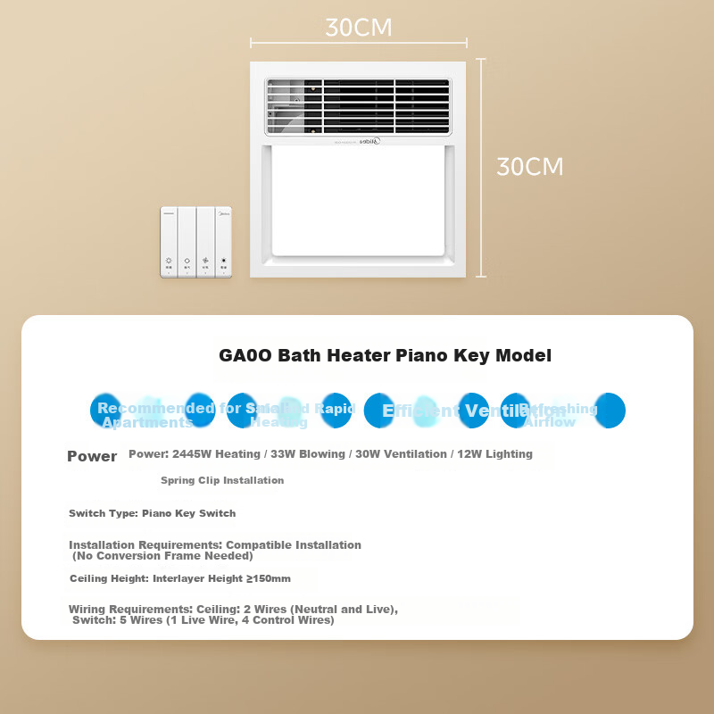 Midea Warm Air Bathroom Heater Warm Cube Series Lighting Exhaust Ventilation Multifunctional Heater GA00